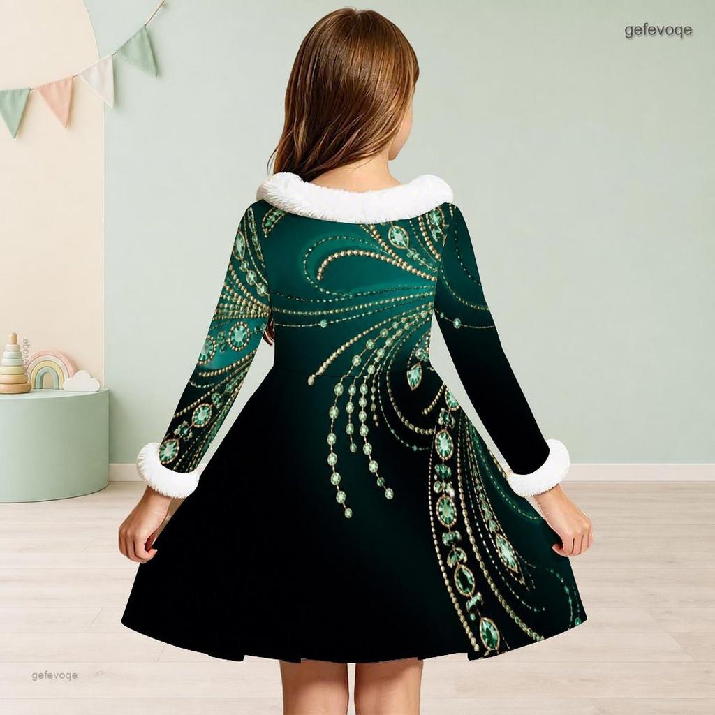 Girls Long Sleeve Black Gold Silver Printed Furry Neck Cuffs A Line Flared Dress