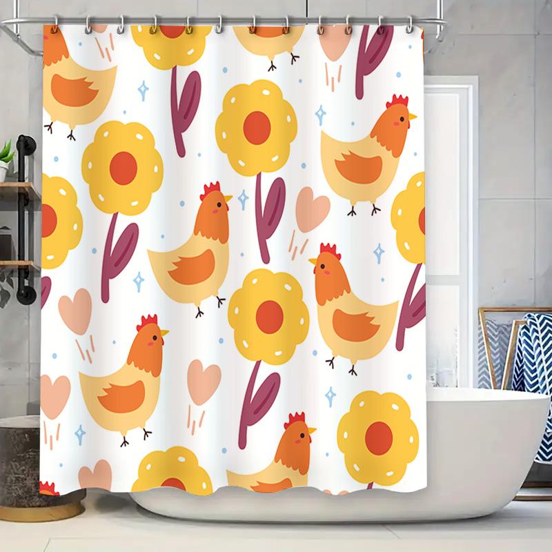 

Chicken Flower Shower Curtain: Bathroom Decor With Red Roosters, Yellow Flowers Pink Hearts White Fabric Bath Rug Mat For Home D W60H190(CM)-1 Pcs