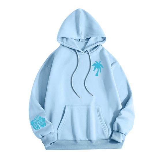 Kapuzenpullover für Damen, Herbst/Winter, lange Ärmel, dick, einfarbig, elastische Bündchen, Chasing Sunset-Muster, schräge Schultern, lockere Kapuze, aufgesetzte Tasche