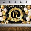 2D 17th Birthday Party Backdrop, Shiny Black Gold Gift & Fireworks Background Cloth for Milestone Birthday