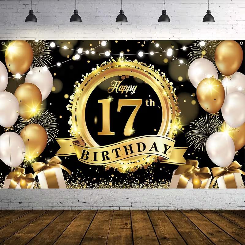 2D 17th Birthday Party Backdrop, Shiny Black Gold Gift & Fireworks Background Cloth for Milestone Birthday