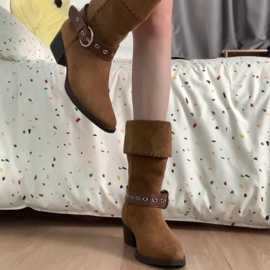 Sheepskin Version~ Skinny Niche Design Belt Buckle Retro Pointed Head Thick Heel Showing Legs Thin Temperament Versatile Fashion Boots