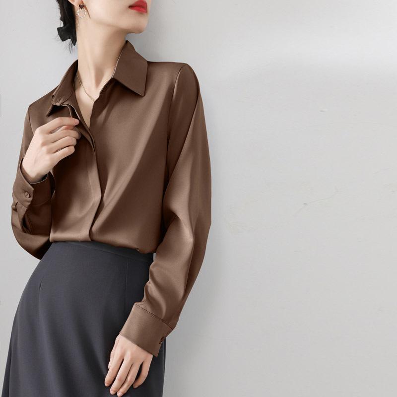 Women's Retro Satin Loose-Fit Long Sleeve Shirt - Hidden Placket, Hong Kong Style, Light Luxury for Spring & Autumn