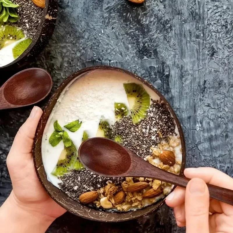 Natural Coconut Bowls Sets Reusable Coconut Bowls And Wooden Spoon For Dessert Yogurt Fruit Salad Smoothie Kitchen Tableware