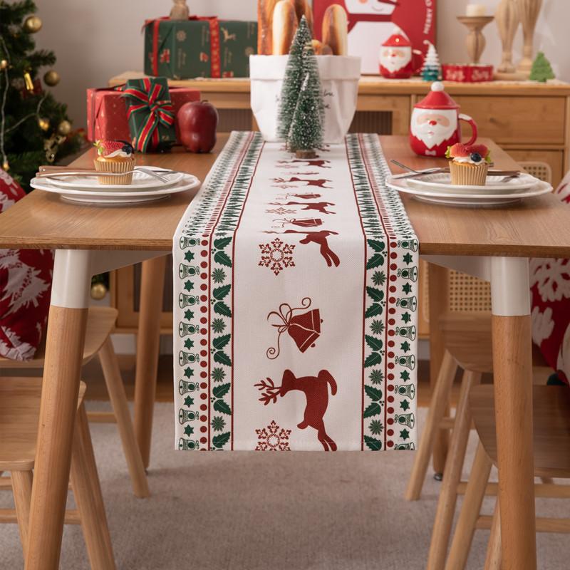 Printed Christmas Holiday Decoration Table Cloth Red Elk Snowflake Christmas Table Runner for 4/6/8/10 Seat