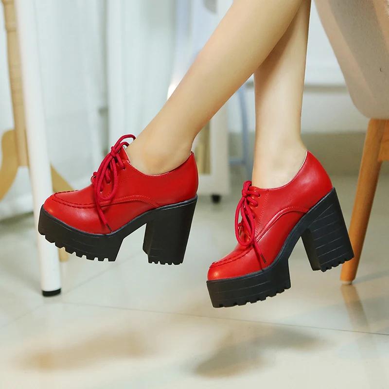 Designers New Spring Autumn Women Black High top Heels Lacing Platform Pumps Chunky Heel Leather White Red Brown