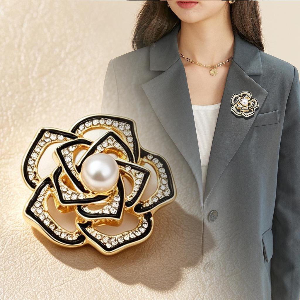 Exquisite Rhinestone Camellia Brooch Lapel Pin - High-End Light Luxury Accessory, Anti-Exposure Buckle