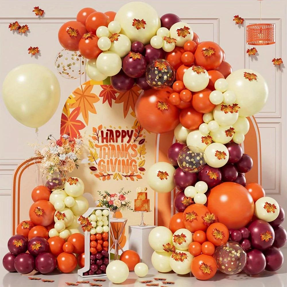 153PCS/set Thanksgiving Balloon Garland Arch Set Wine Red Orange Maple Leaf Balloon Indoor and Outdoor Autumn Party Decoration