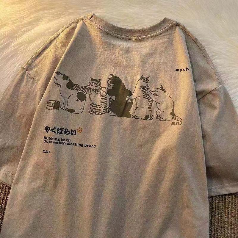 Summer Small Fresh Short Sleeved T Shirt Men and Women Couple Tide Brand Retro Cartoon Cat Printing Half Sleeve T Shirt