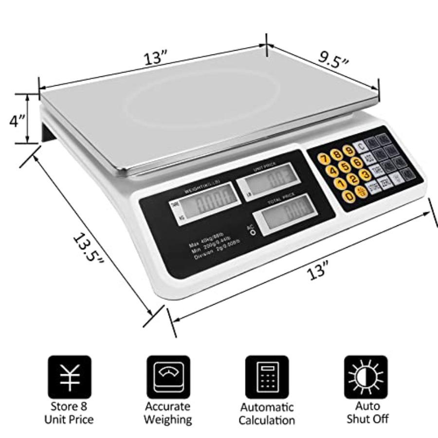 Price Computing Scale 88lb/40kg LCD Digital Commercial Price Scale with Stainless Steel PlatformProduce Scale Food Scale for Fa