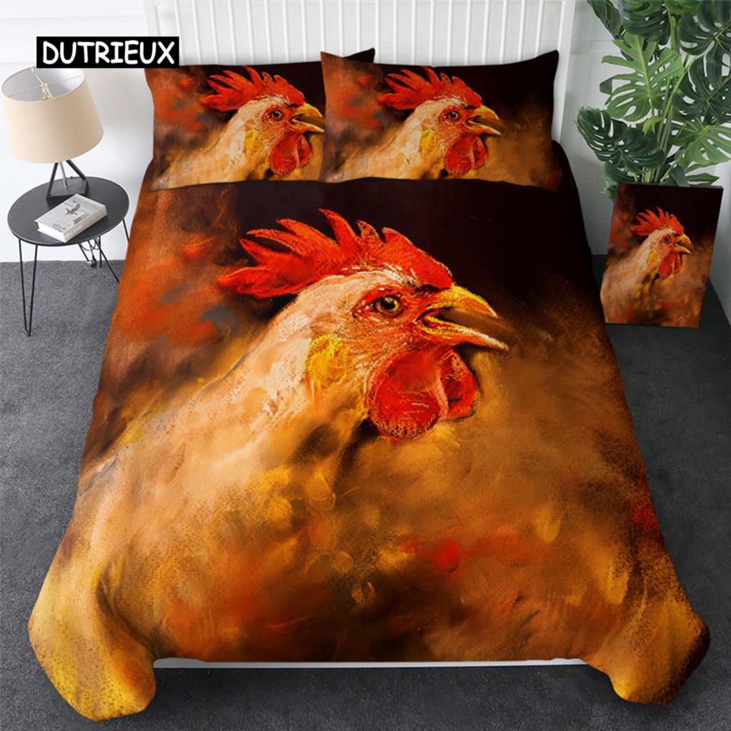Hühner Bettbezug King Queen Größe Aquarell Hahn Bettwäsche Set für Kinder Jugendliche Erwachsene Bauernhoftier Polyester Bettdeckenbezug