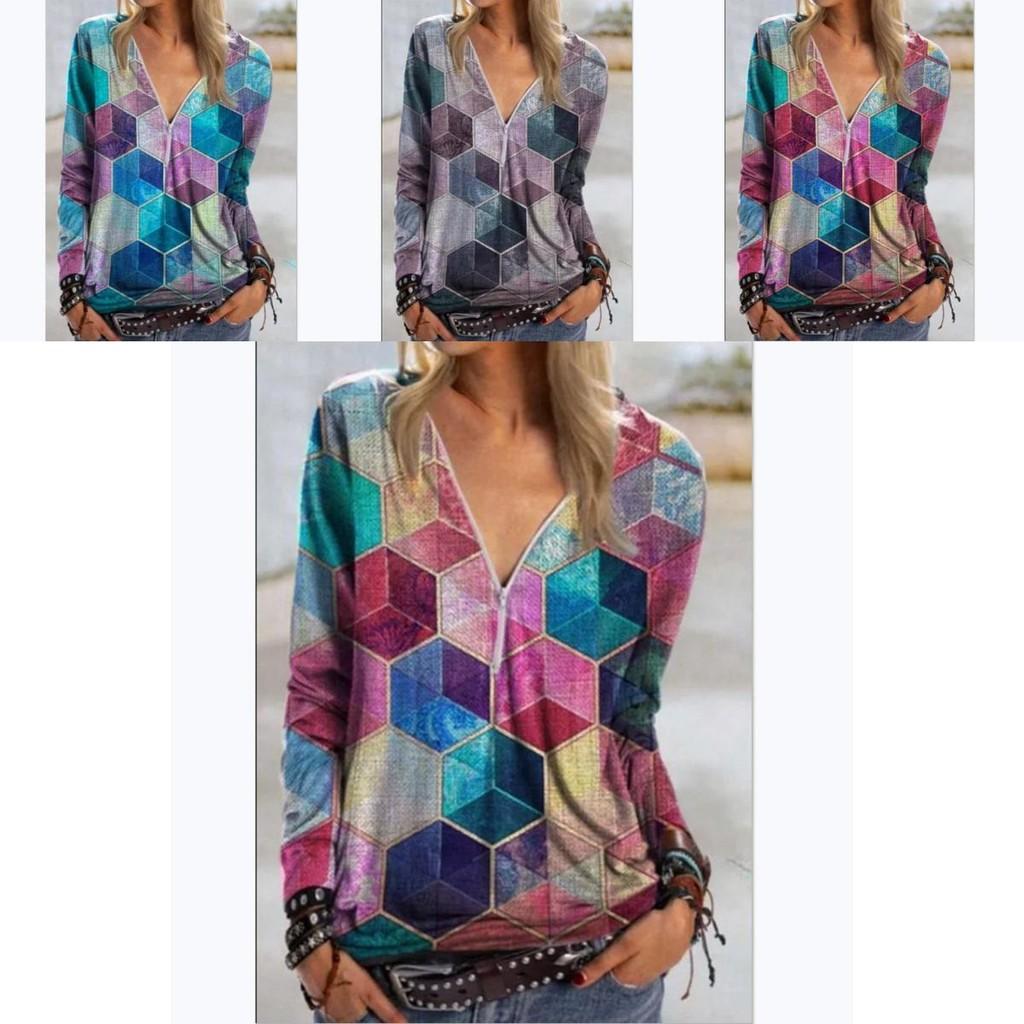 Elegant Ladies Print Pullover Blouse Shirt With V Neck And Zipper For Casual Wear