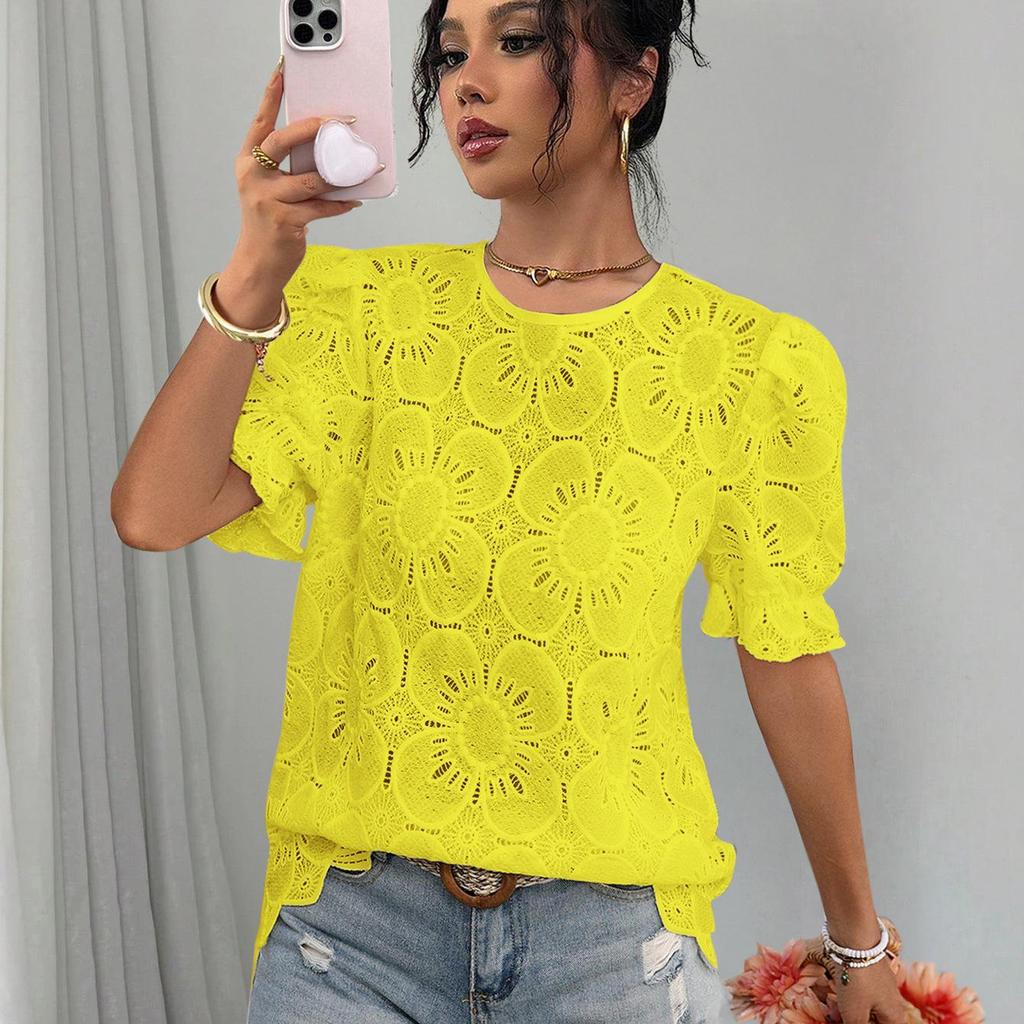 European & American Women's Casual Lace Puff Sleeve Top - Summer 2026 Collection