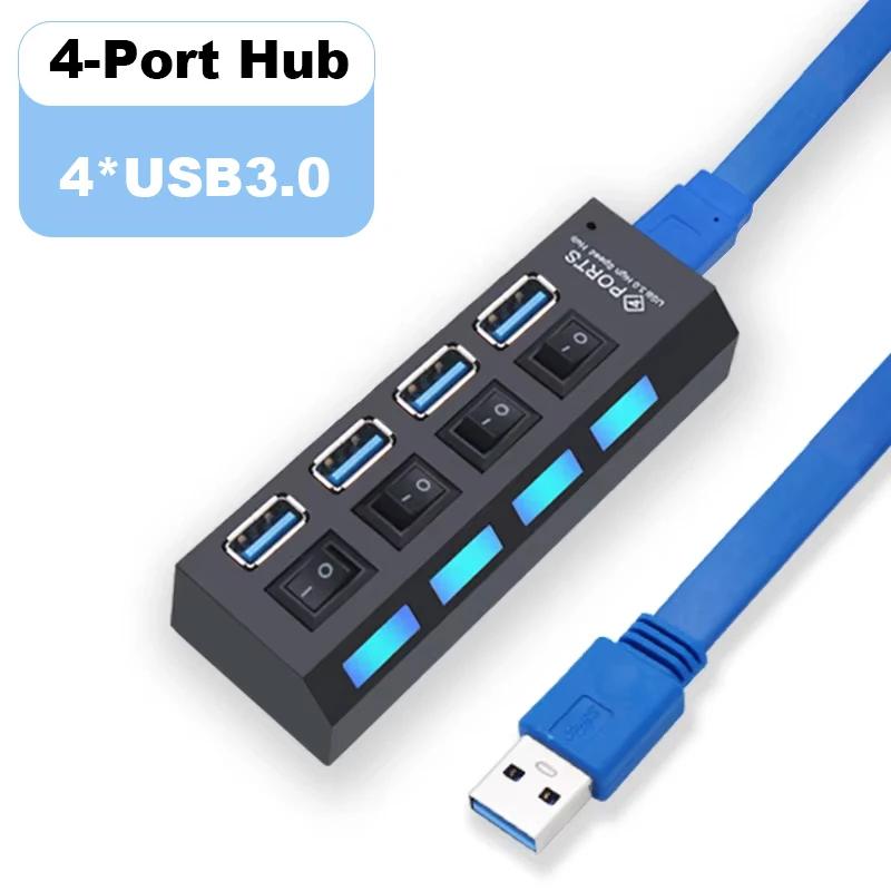 

High Speed 4 Ports USB HUB 4×USB 3.0 Adapter Expander Multi USB Splitter Multiple Extender with LED Lamp Switch for PC Laptop 4Port Hub No adapter синій