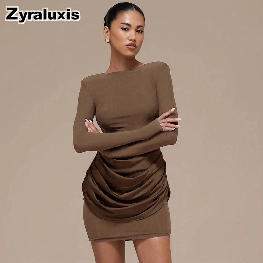 Women's Autumn Winter New Style Solid Elegant Casual Slim Fit Crew Neck Long Sleeve Ruffled Mini Dress