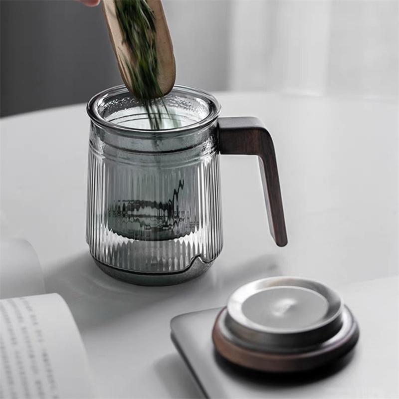 400ML Stripe Heat Resistant Glass Tea Water Separation Tea Cup With Wood Handle Brewing Flower Puer Cups Kung Fu Tea Mug Set