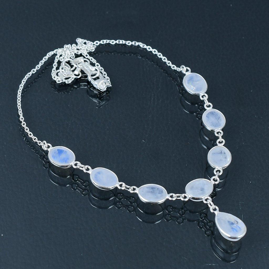 Natural Rainbow Moonstone Gemstone Necklace, 925 Sterling Silver, Handmade Necklace Jewelry Gift for Valentine's Day18"