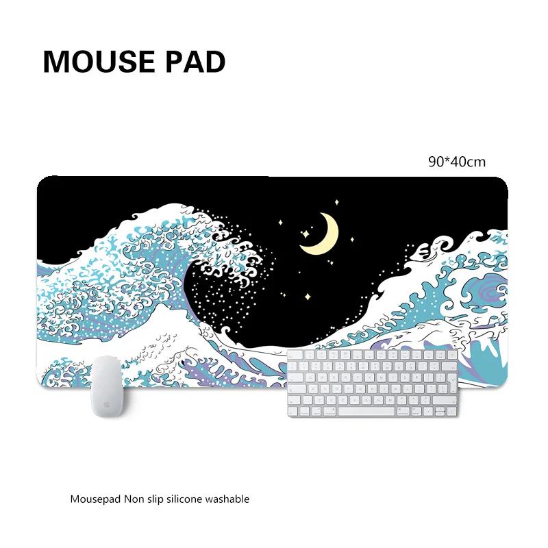 Large Anime Mouse Pad Xxl Gaming Mat Office Desk Carpet Blue Wave Custom Japan Mousepad Tablet Gamer Pc Table Mat 900x400