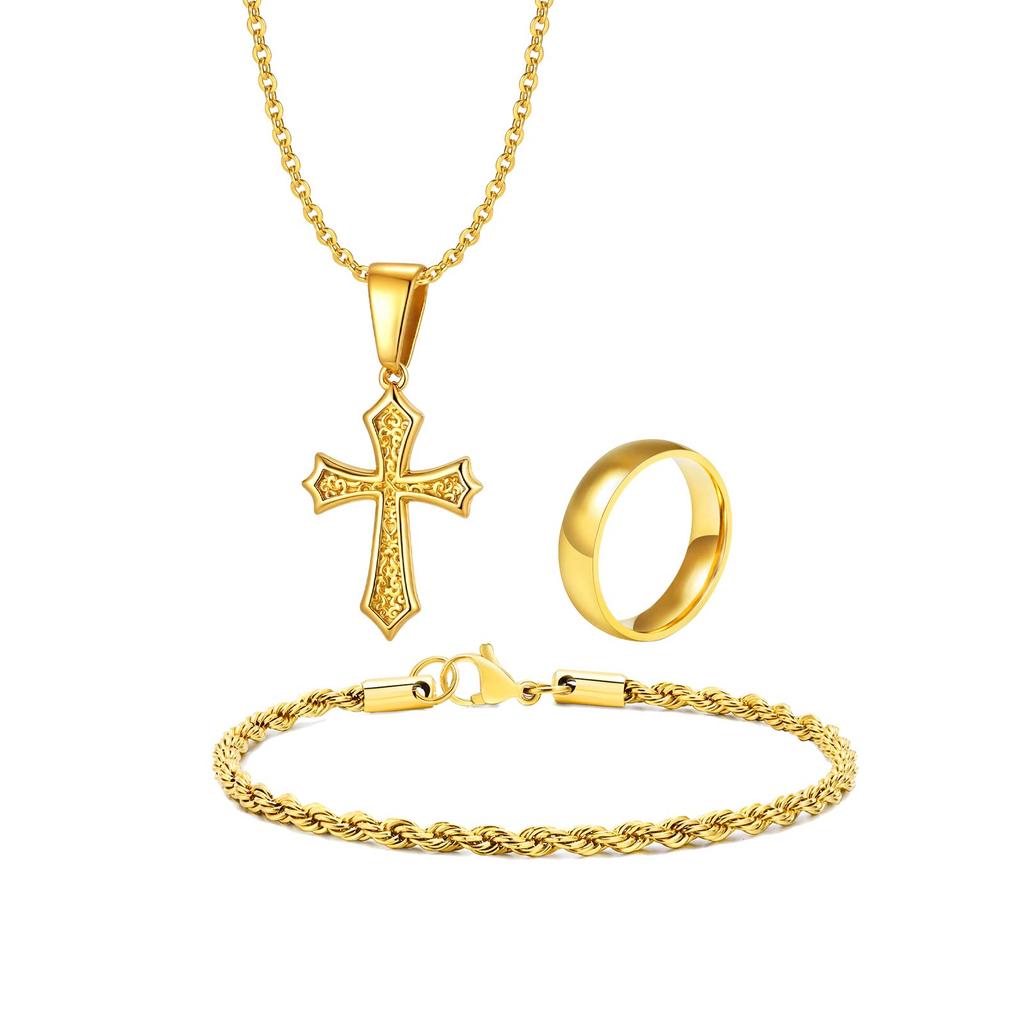 3pcs/set Men's Stylsh Cross Necklace Set,Stainless Steel Twistd Rope Chain Wristband,Cool Hip Hop Jewelry Set Gift