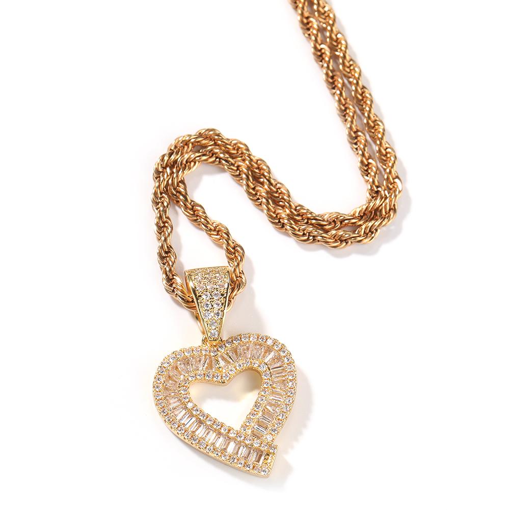 THE BLING KING Baguettecz Hollow Heart Pendant Box Chain Necklace Iced Out Cubic Zirconia Charm Engagement Jewelry For Gift