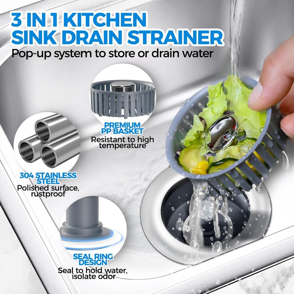 zaa Kitchen Sink Drain Strainer - Kitchen Sink Stopper, Stainless Steel Kitchen Drain Plug & Cover with Anti-Clogging Basket Strainer, Fit US