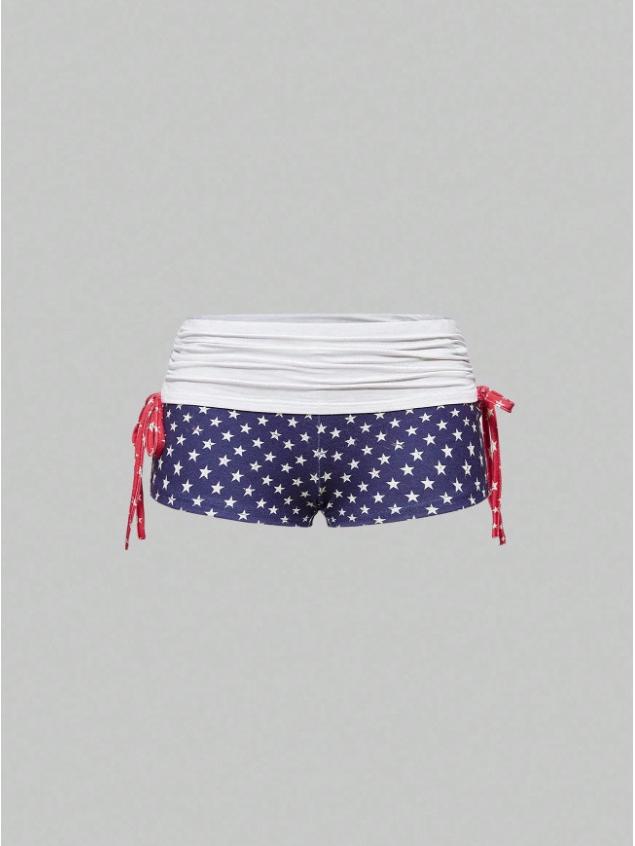 American Sporty Casual Two-Piece Set: Rhinestone Halter Top & Striped Lace-Up Shorts