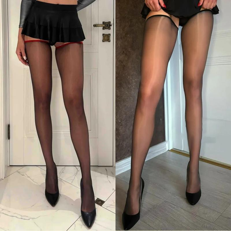 Calze Autoreggenti Estive da Donna Sexy Sottili Lucide Oleose Setose Semitrasparenti Collant da Donna Calze in Nylon Autoreggenti