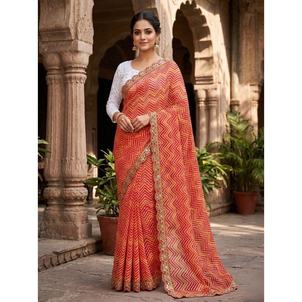 Gorgeous Lahariya printed soft georgette saree with classic sequins embroidery - lightweight party wear collection