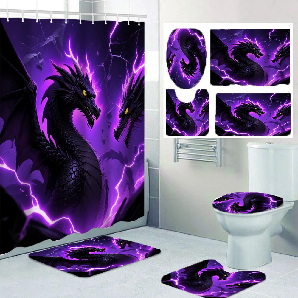 1/4 Duschvorhänge mit doppeltem Drachenkopf-Druck, Toilettensitzdekoration, Duschvorhang mit Teppich und Toilettendeckel, 70,8x70,8 Zoll