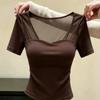 French pure desire style retro splicing gauze design square neck short-sleeved T-shirt women's summer new temperament top