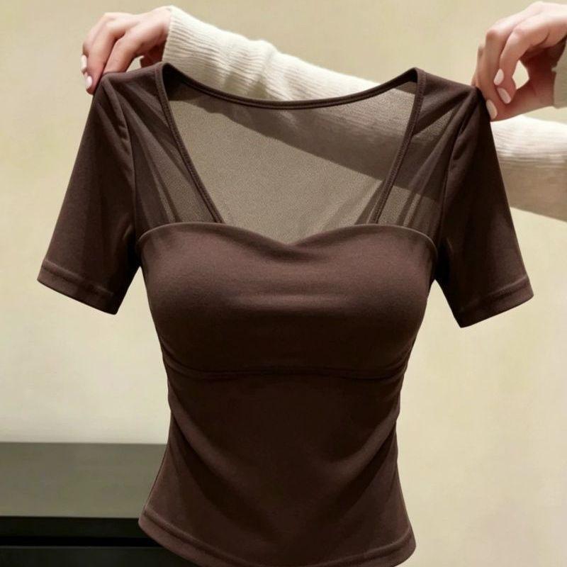 French pure desire style retro splicing gauze design square neck short-sleeved T-shirt women's summer new temperament top