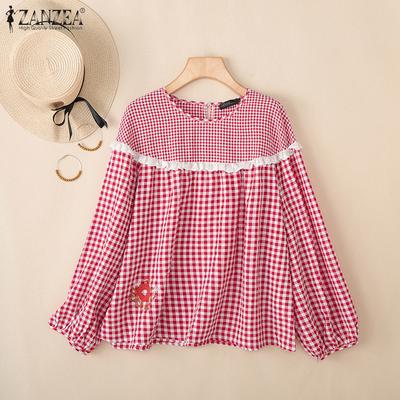 Women Casual Round Neck Long Sleeve Plaid Print Blouse