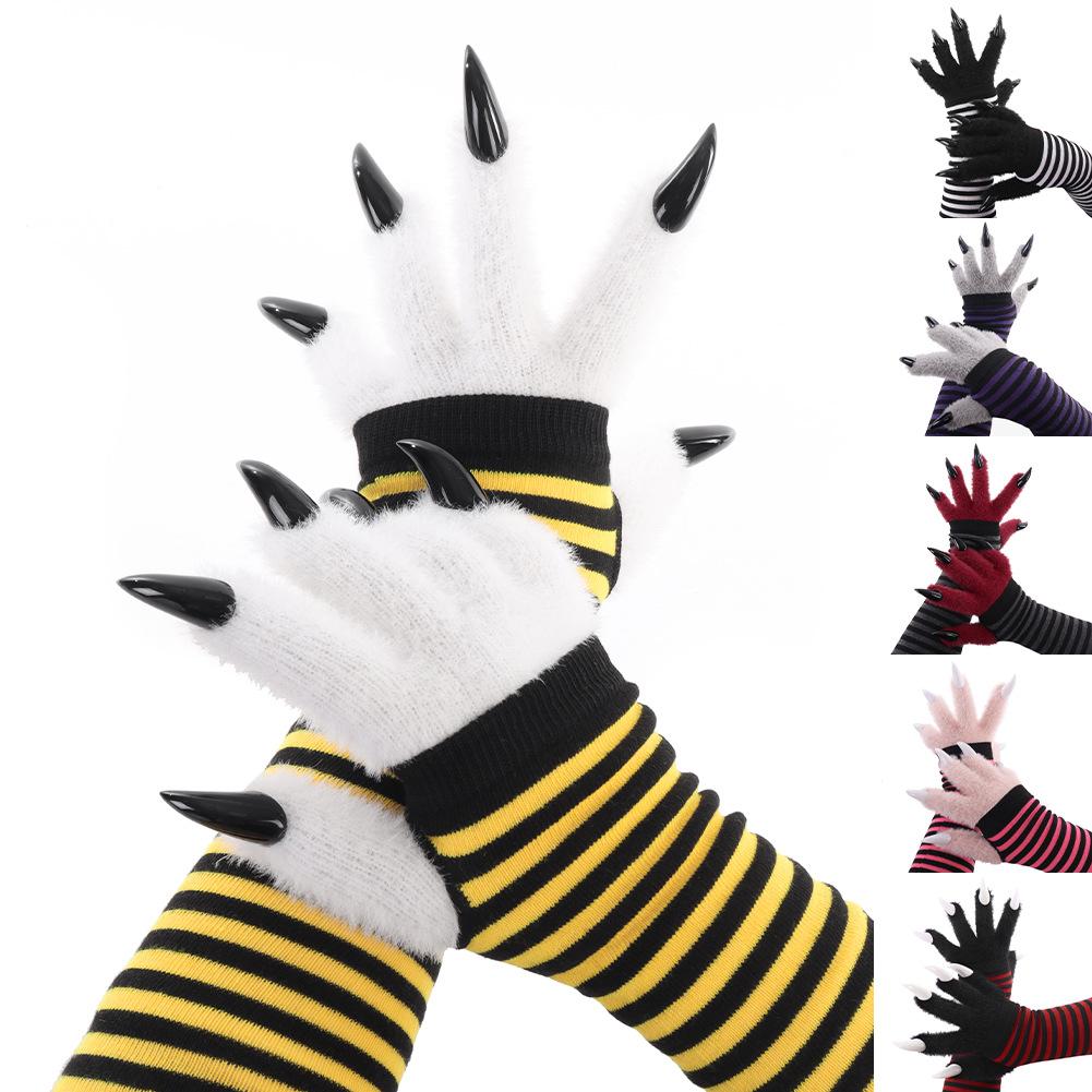 Japanese Style kig Beast Claw Plush Gloves Striped Long Sleeve Gloves Warm, pointed claw design coaplay Performance props