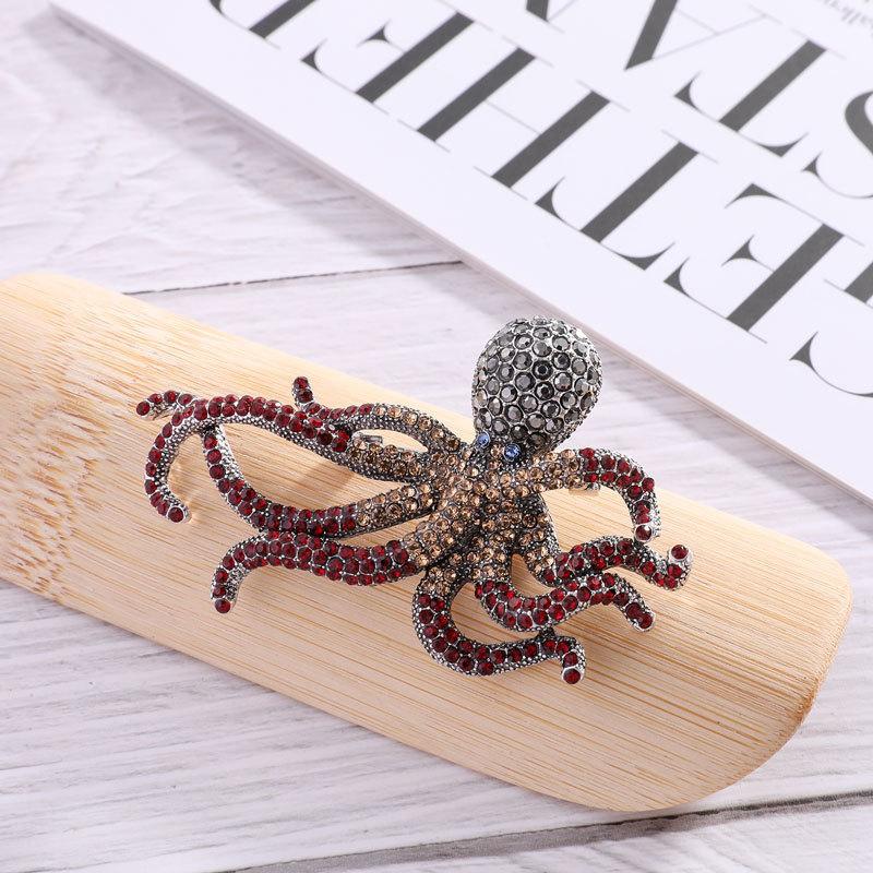 Vintage Ocean In Spired Alloy Octopus Brooch With Rhinestone Embellishments For Fashion Accessory