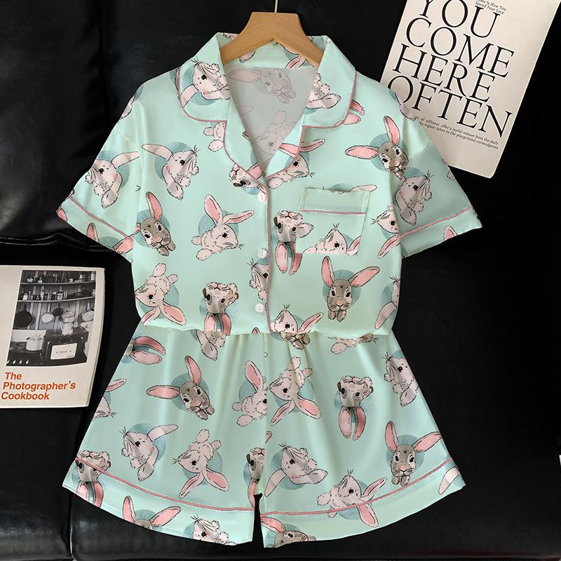 Sweet Soft And Cute Long-Eared Rabbit Printed Pajamas Women'S Summer Day Ice Silk Short-Sleeved Thin Loungewear Set