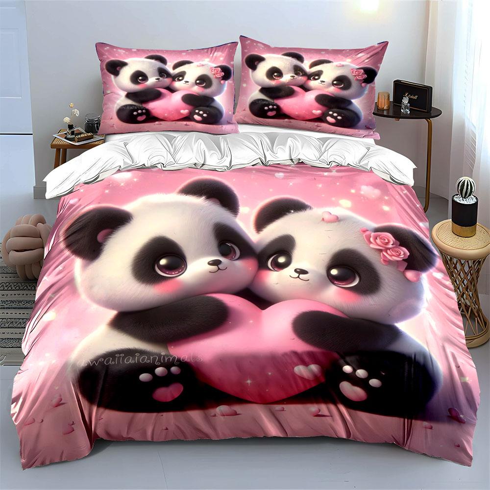 3Pcs Cute Pandas Hugging Pink Heart Duvet Cover Set With 3D Printing Design Soft Polyester Bedding Set All-Season Comfort