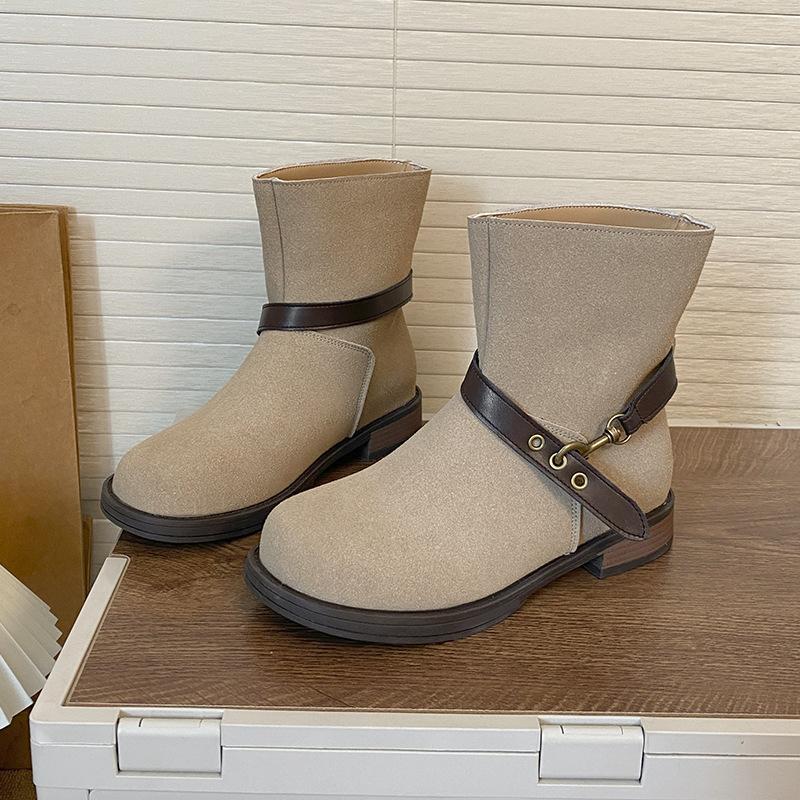 

American belt buckle round head fashion boots high sense 2025 autumn and winter new retro thick heel locomotive boots women s boots 40 песочный