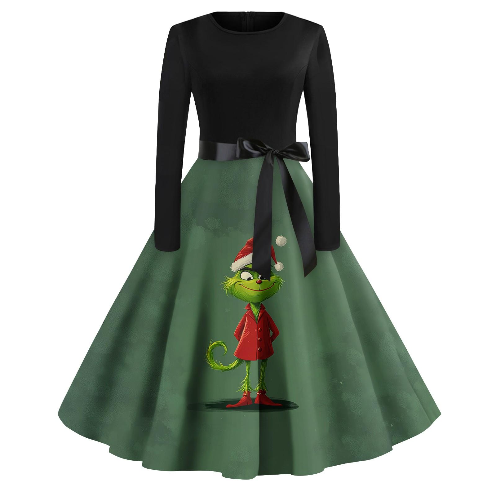 

Жіноча повсякденна модна сукня з довгим рукавом і вирізом. Повсякденна вечірня сукня з круглим вирізом M темно-зелений колір