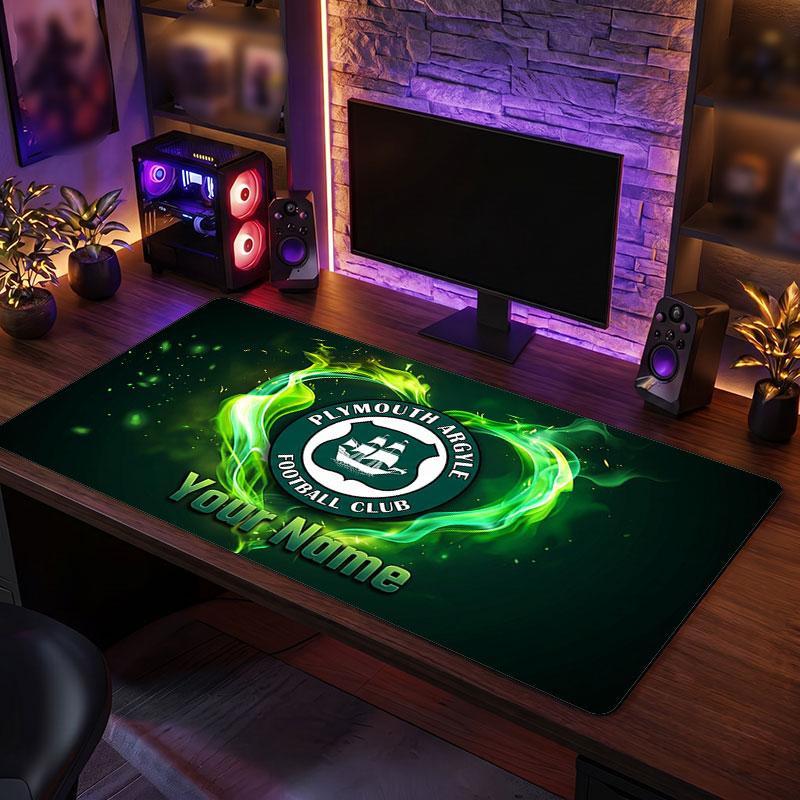 Plymouth Argyle FC Custom Large Mouse Pad, Personalized Name Text Print, Football Logo Non‑Slip Desk Mat Gaming Gift