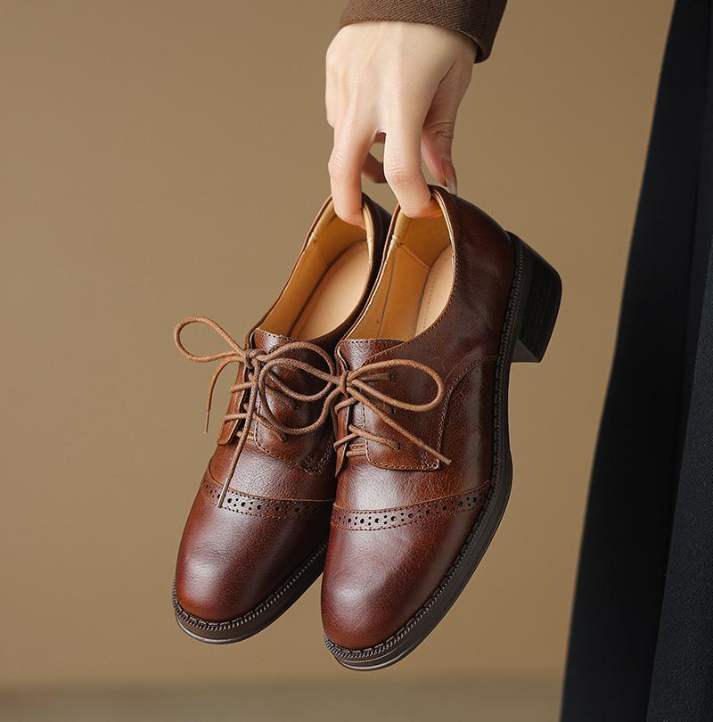 Fashion 2024 New Pumps Oxfords Spring Shoes for Woman Genuine Leather Brogues Vintage Lace Up Loafers Casual Handmade Black Ladies Shoes