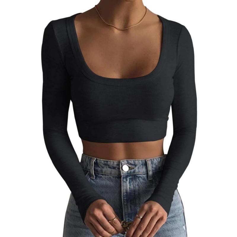 Form-Fitting Ribbed Long Sleeve Crop Top With Wide Square Neck