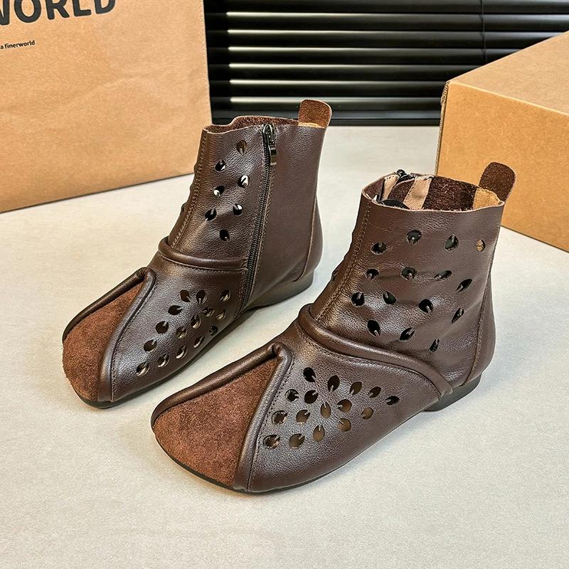 Retro Hollow Out Flat Heel Ankle Boots Women Leather Hollow Ankle Boots Side Zip High Top Shoes Luxury Casual Flat Short Boots