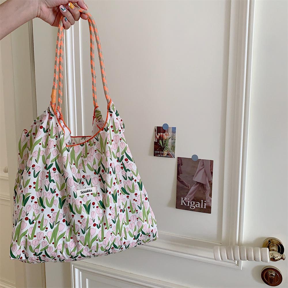 Hanfeng Summer Largecapacity Hand Carry Shoulder Bag Drawstring Shopping Bag Fresh Floral Tote Bag Underarm Bag