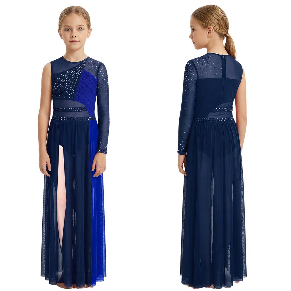 Kids Girls Stage Performance Dress: Back Invisible Zipper Color Block Mesh Patchwork Side Split with Shiny Rhinestones for Lyrical Dance