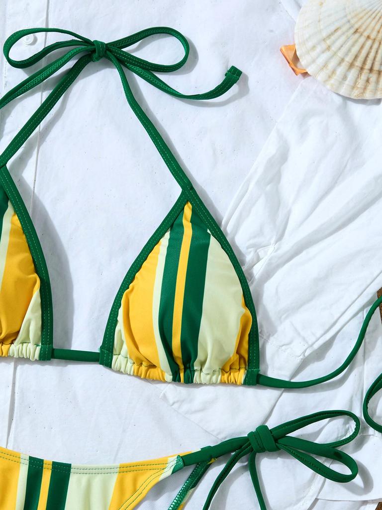 Gestreifter Print Krawatten-Dreieck Sexy geteilter Bikini Badeanzug für Damen