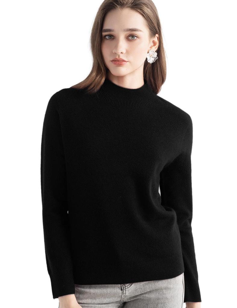 Women's Slim Fit Cashmere Knit Base Layer Top - Half-High Neck, Solid Color, Mature Style, Warm Sweater
