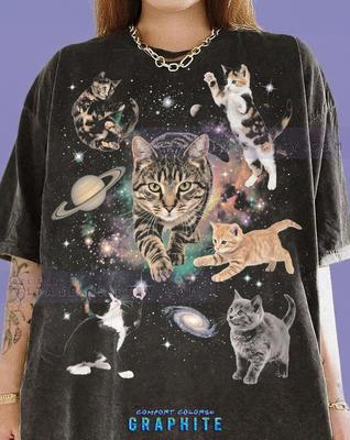 Space Cats Floating Felines Tabby Ginger Black Cat Comfort Colors® Tshirt, Cosmic Kittens Stars Planets Animal Lover Vintage Bootleg Tee