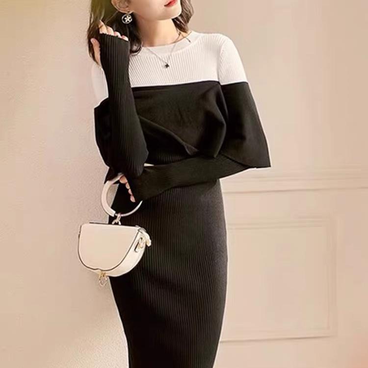 Rochie elegantă șic elegantă, solidă, cu decolteu în formă de O, cu mânecă lungă, cu volan, rochie mulata, la modă sexy, rochie subțire elastică, cu șold