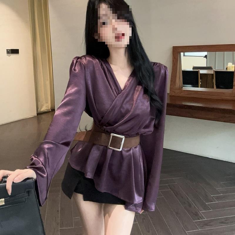 Women s Retro Satin Shirt: Slim-Fit, Waist-Cinching Top for Autumn/Winter M