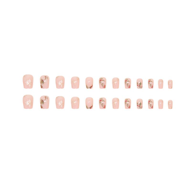 24 Pieces National Style Acacia Red Bean Wearing Nail Art Film Nail Film Short Fresh Fake Nail Ballet Nail Small Nail